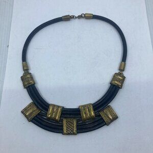 Vtg leather brass hippy boho rock necklace